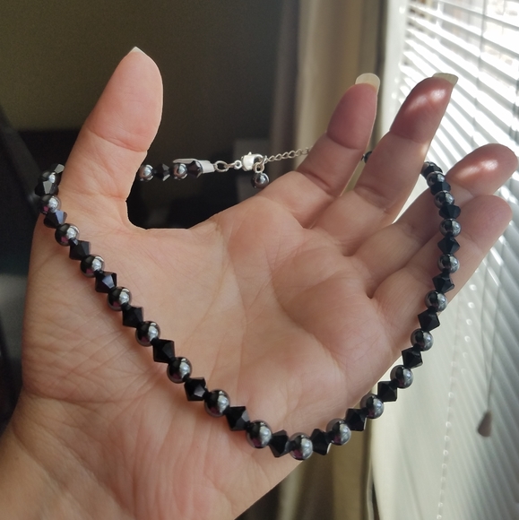 Swarovski Elements Onyx Jet Black Crystal Hematite Tennis Choker Necklace NWT - Picture 1 of 8